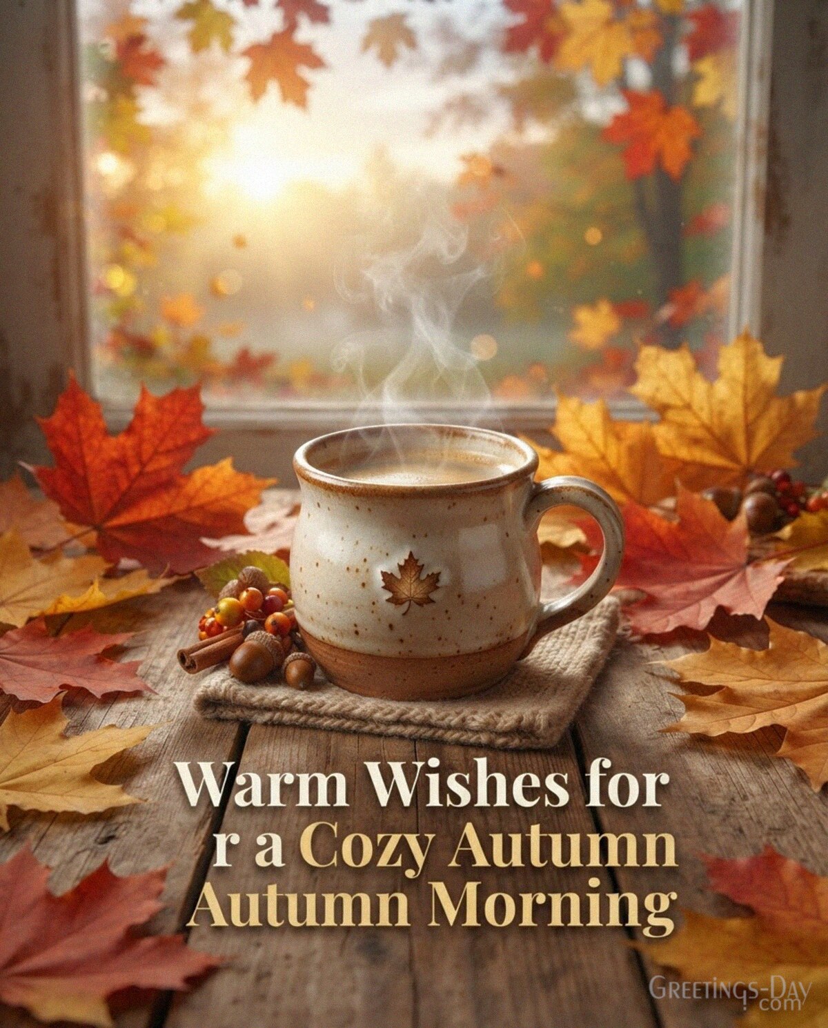 Beautiful fall morning image with warm coffee and colorful autumn leaves featuring “Wishing You a Beautiful Fall Morning” with the text "Wishing You a Beautiful Fall Morning"