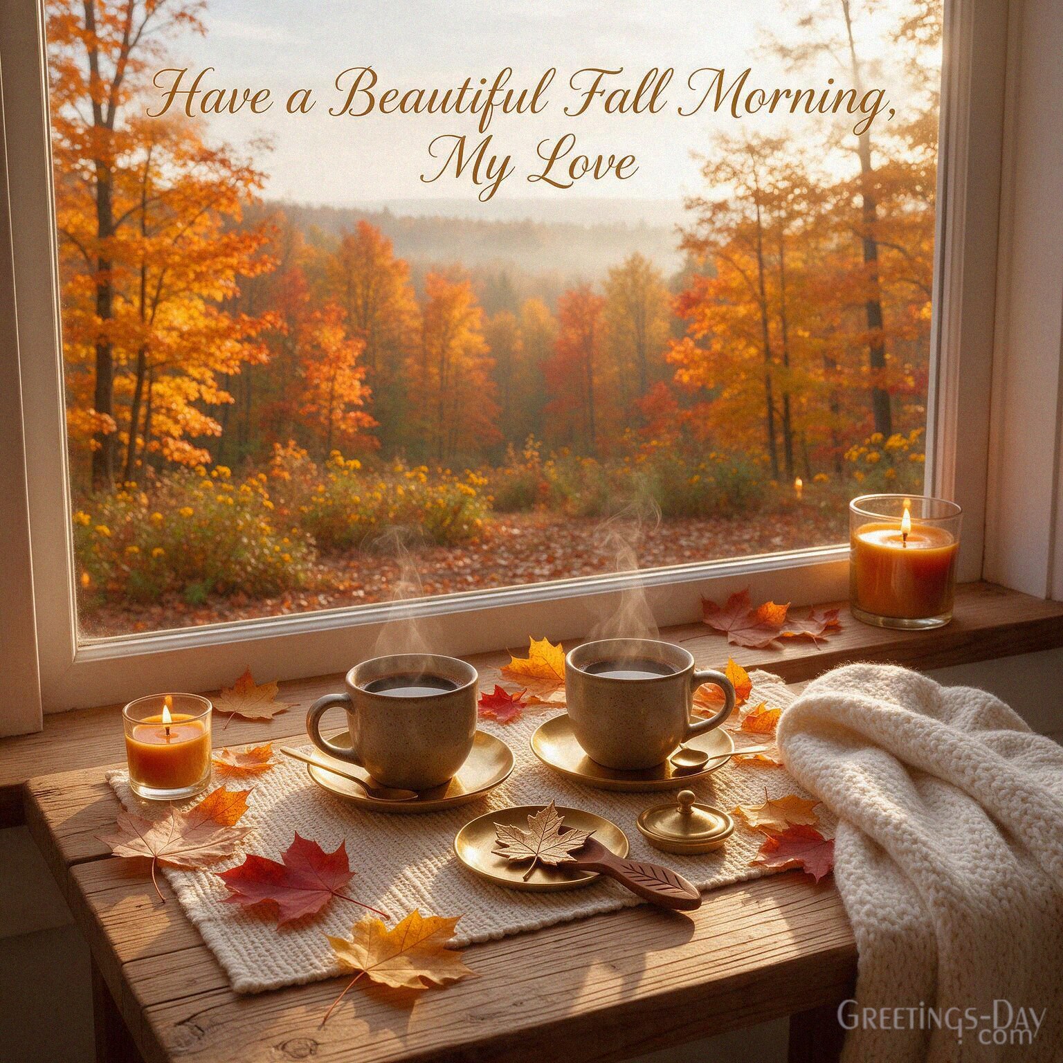 Romantic autumn Good Morning image with two coffee cups and colorful fall scenery with the message “Have a Beautiful Fall Morning
