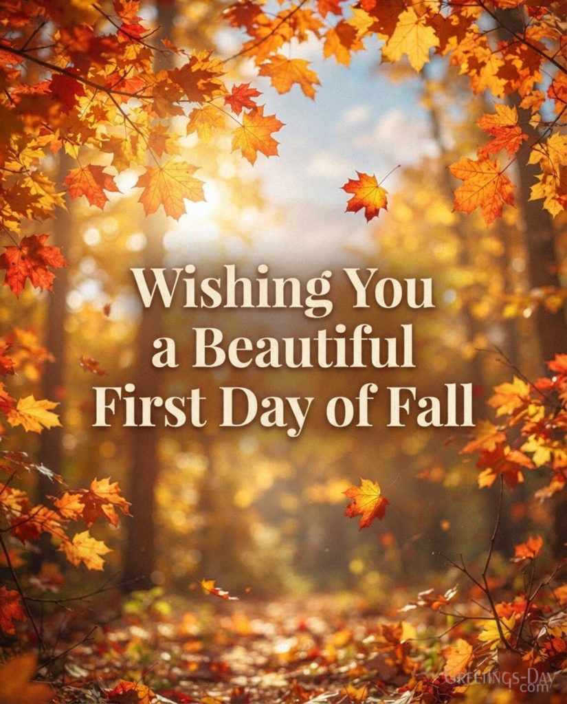 Beautiful First Day of Fall image with colorful autumn leaves featuring “Wishing You a Beautiful First Day of Fall” with the text 