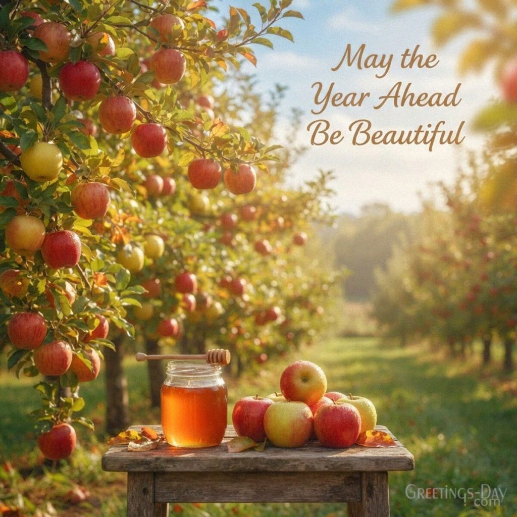 Beautiful Rosh Hashanah image with an autumn apple orchard and honey featuring the wish “May the Year Ahead Be Beautiful.” with the text