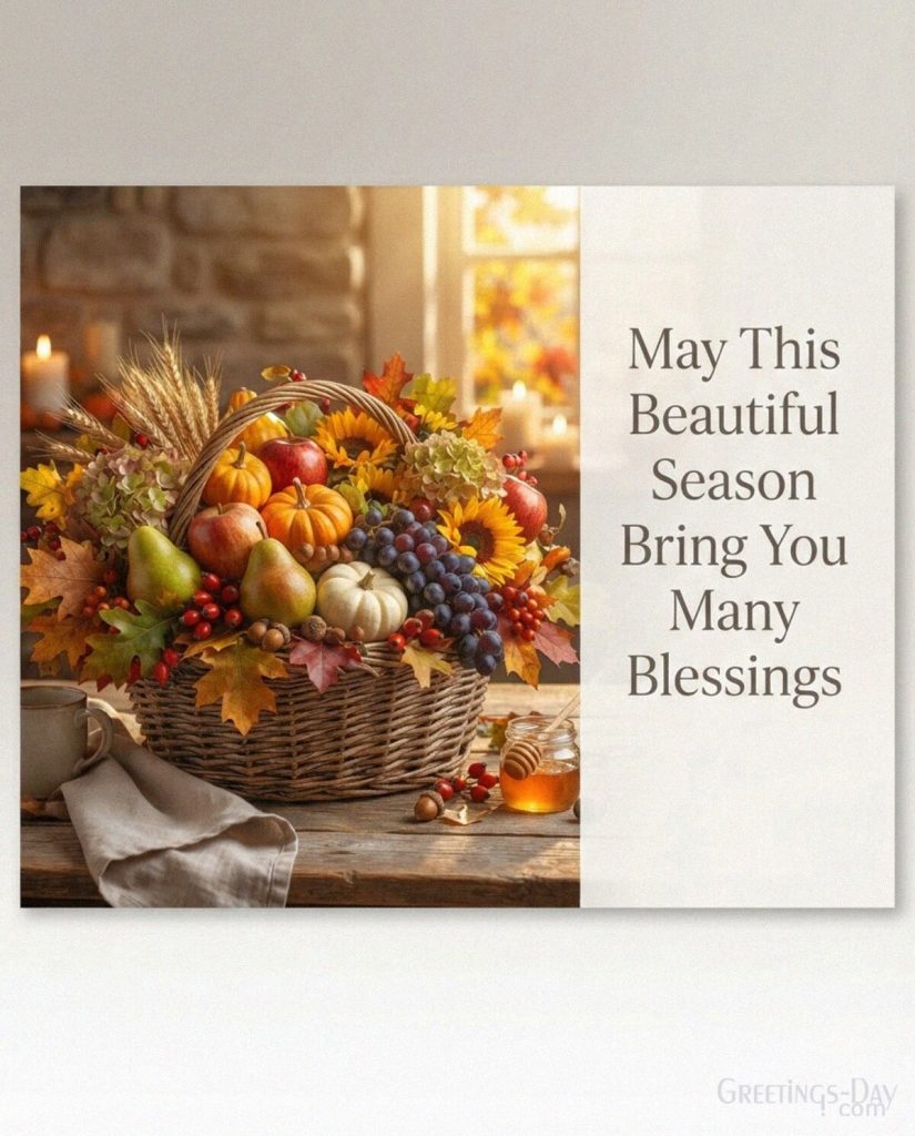 Autumn blessings greeting card with a seasonal harvest featuring “May This Beautiful Season Bring You Many Blessings” with the text