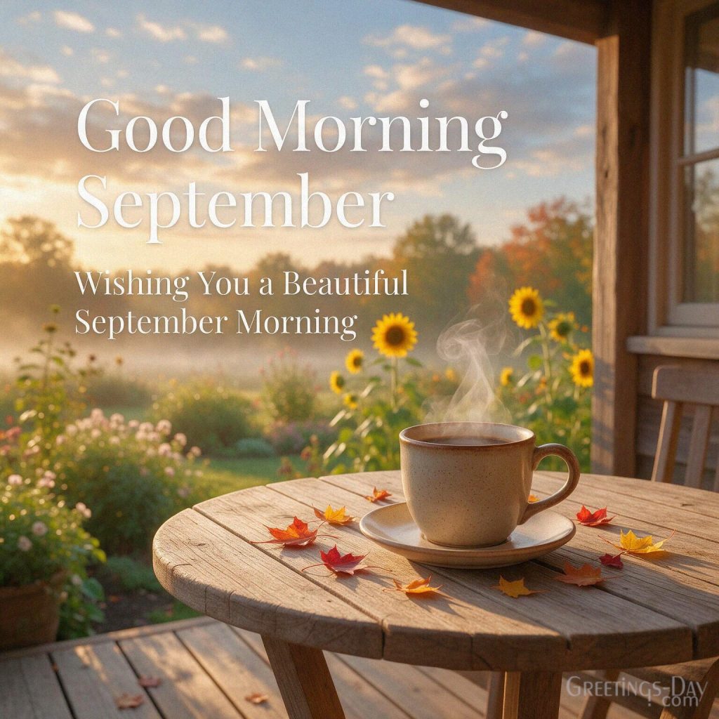 Beautiful September morning greeting with coffee and golden sunlight featuring “Wishing You a Beautiful September Morning” with the text