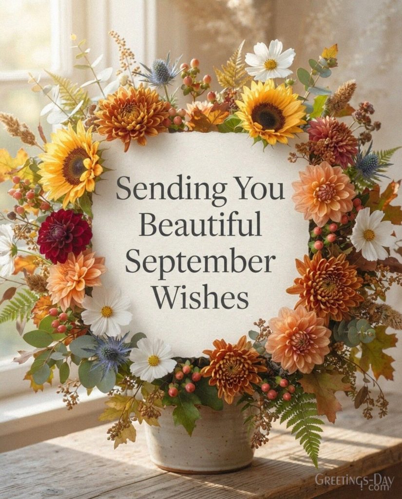 Beautiful September wishes image with colorful fall flowers and the message “Sending You Beautiful September Wishes” with the text 