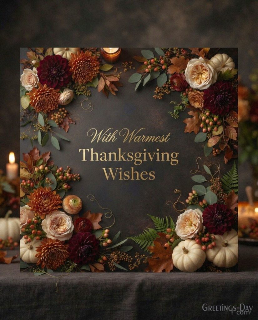 Beautiful Thanksgiving card with luxury autumn flowers and pumpkins featuring the message “With Warmest Thanksgiving Wishes” with the text 