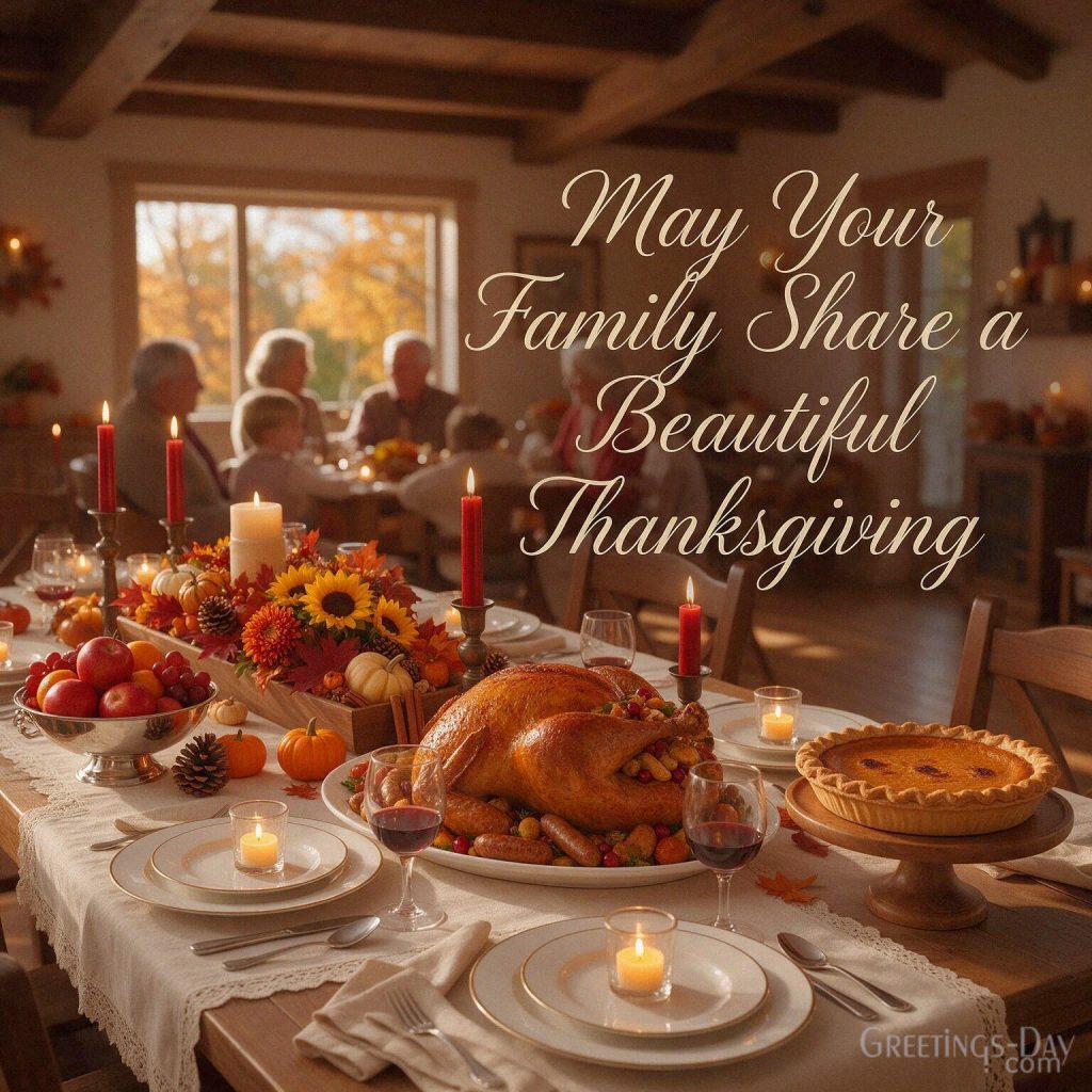 Beautiful Thanksgiving wishes for family with a warm holiday table featuring “May Your Family Share a Beautiful Thanksgiving” with the text