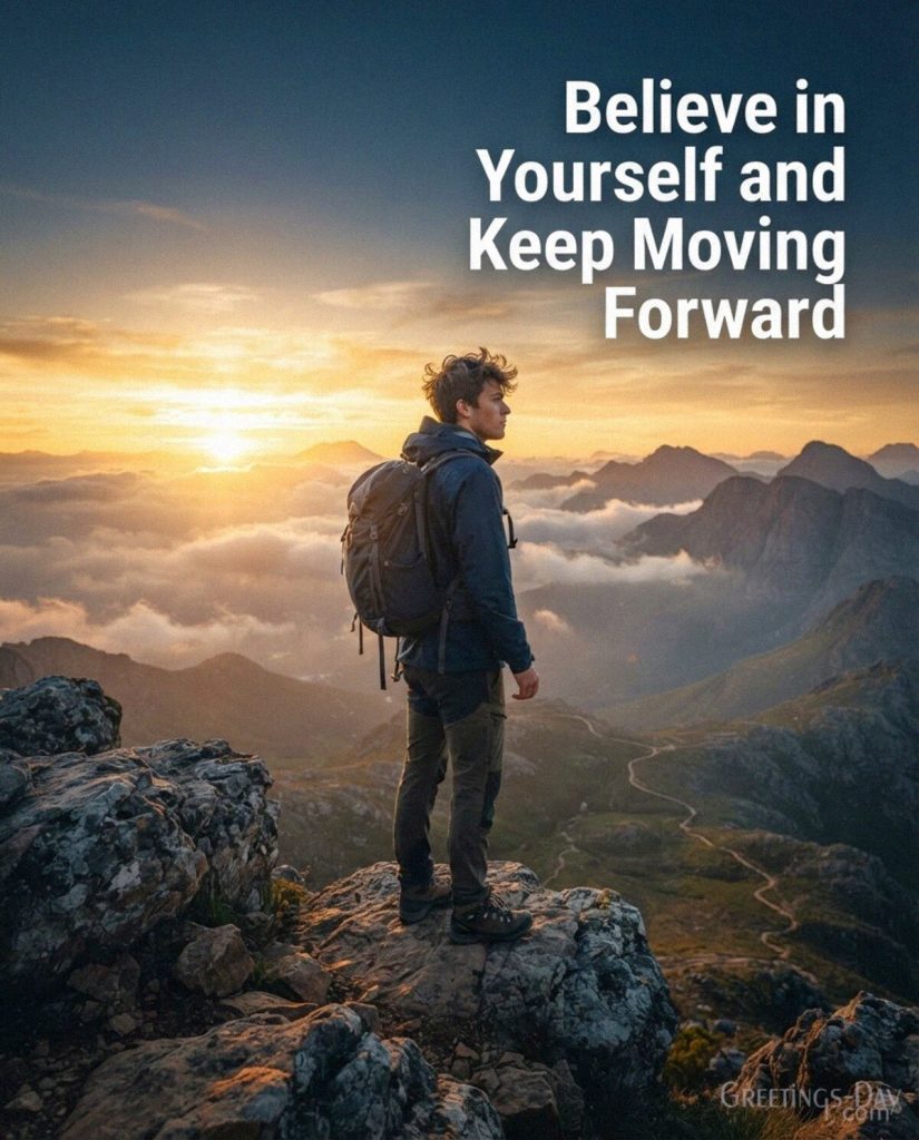 Motivational wish for a son with a sunrise and the words Believe in Yourself and Keep Moving Forward with the text 