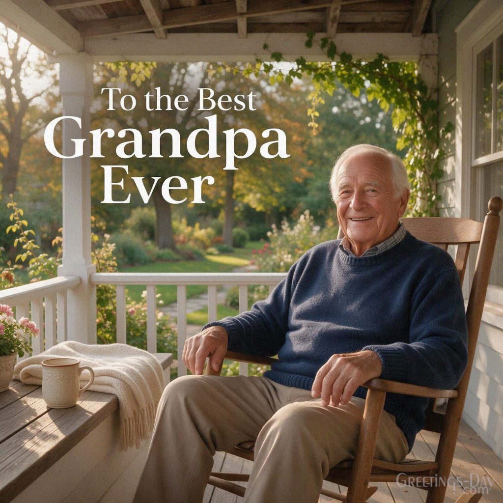 Best Grandpa Ever Grandparents Day card with a distinguished grandfather enjoying a warm afternoon on the porch with the text 