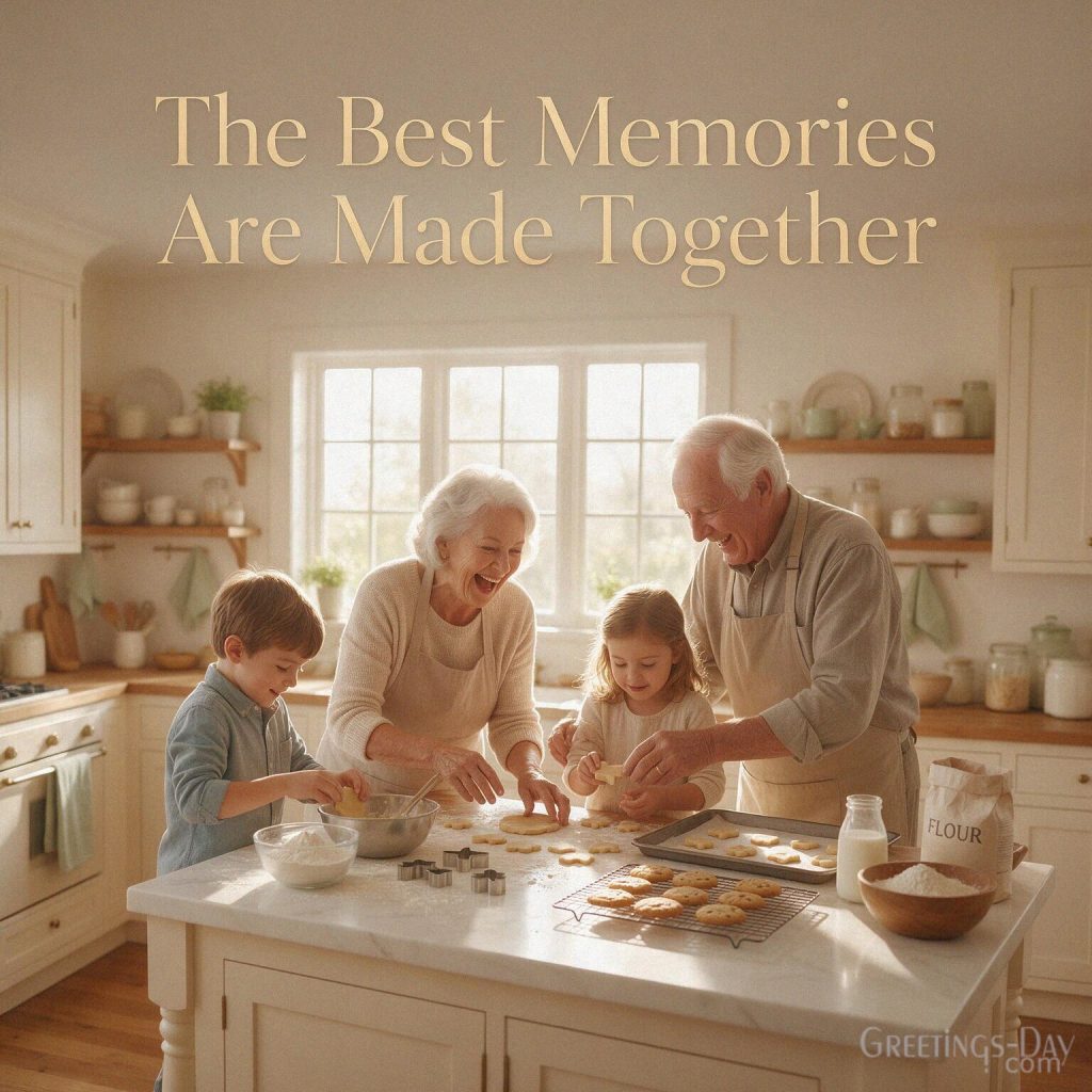 Grandparents Day memories image of Grandma and Grandpa baking cookies with grandchildren and “The Best Memories Are Made Together” with the text