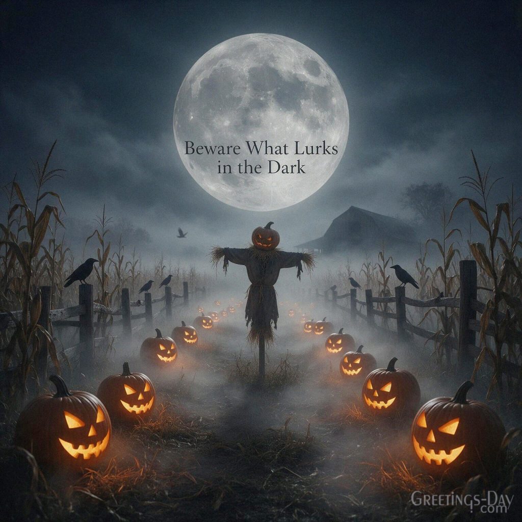 Beware What Lurks in the Dark creepy Halloween picture with eerie scarecrow