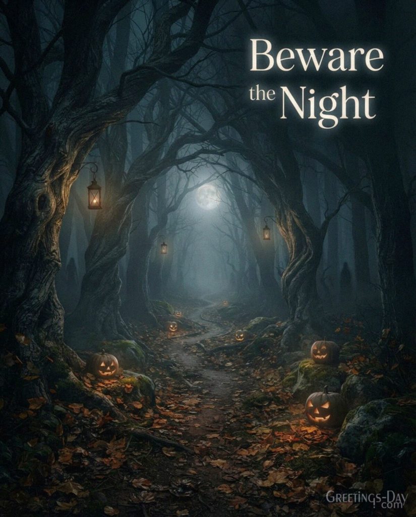 Beware the Night creepy Halloween picture featuring a haunted forest path
