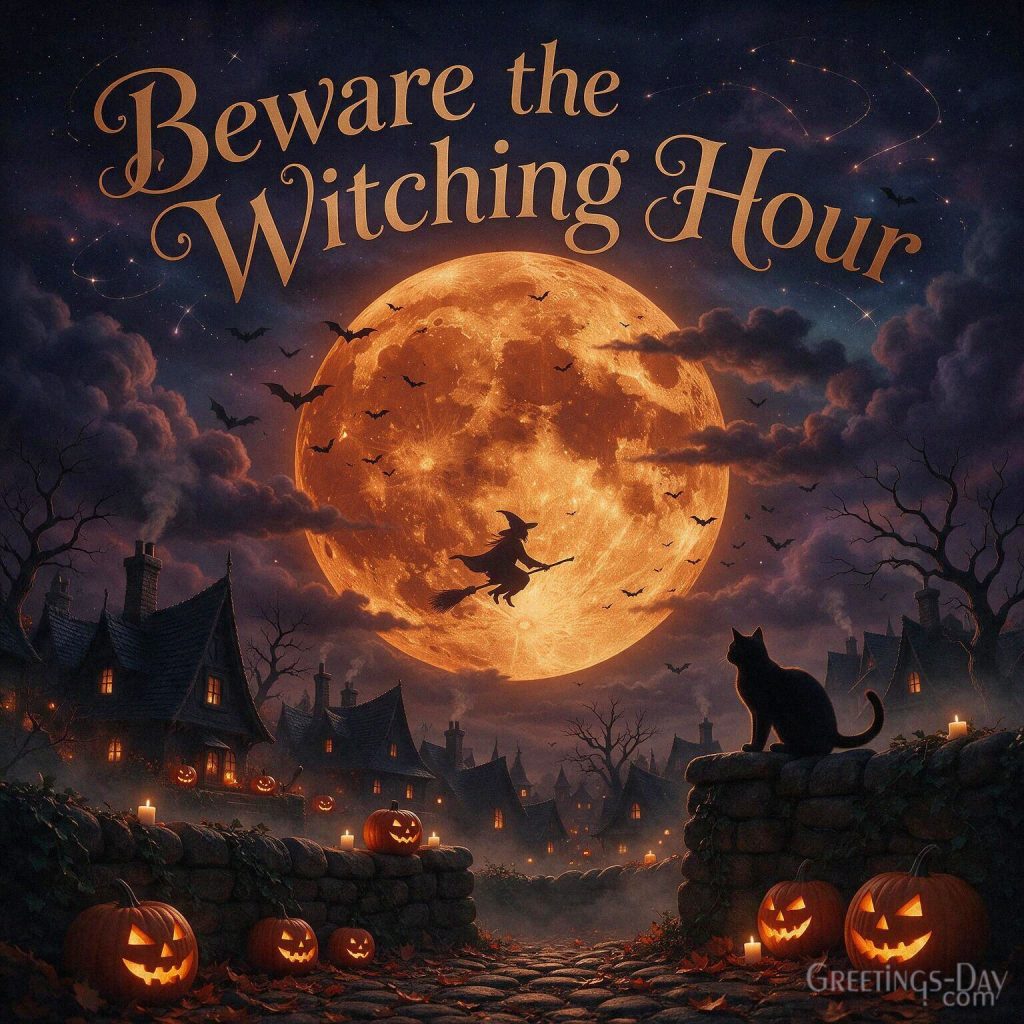Beware the Witching Hour Halloween image featuring mysterious witch silhouette