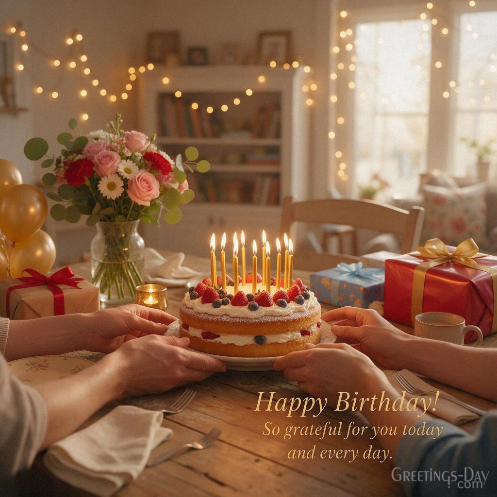 Birthday Messages for family image featuring “Happy Birthday! So grateful for you today and every day.” with the text 