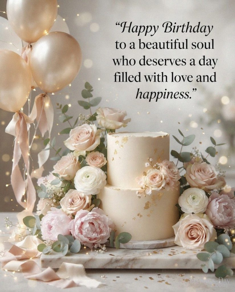 Birthday Messages for her image featuring “Happy Birthday to a beautiful soul who deserves a day filled with love and happiness.” with the text 