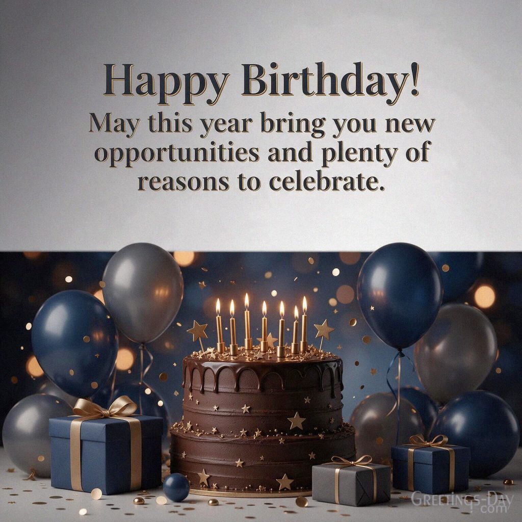 Birthday Greeting Message for him image featuring “Happy Birthday! May this year bring you new opportunities and plenty of reasons to celebrate.” with the text 