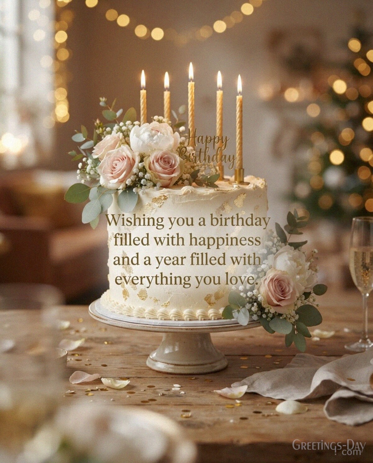 Beautiful Birthday Message image featuring “Wishing you a birthday filled with happiness and a year filled with everything you love.” with the text "Wishing you a birthday filled w