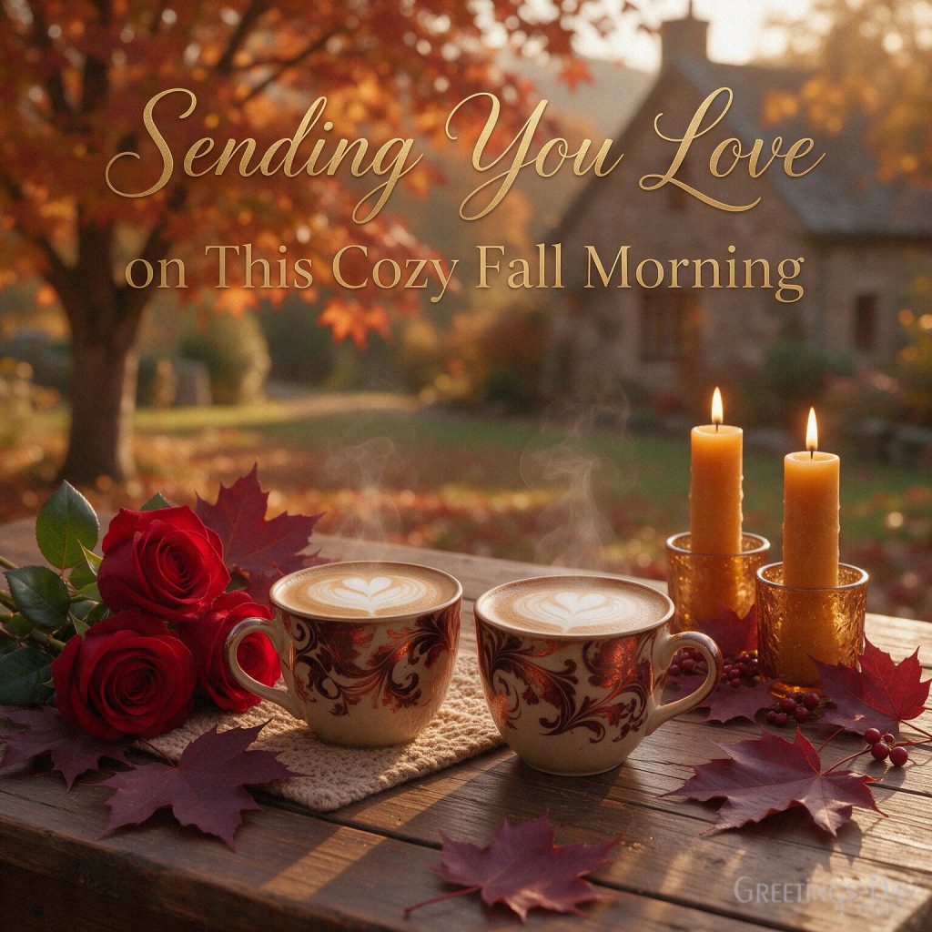 Blessed fall morning greeting with peaceful autumn scenery featuring “Wishing You a Blessed and Beautiful Fall Morning” with the text 