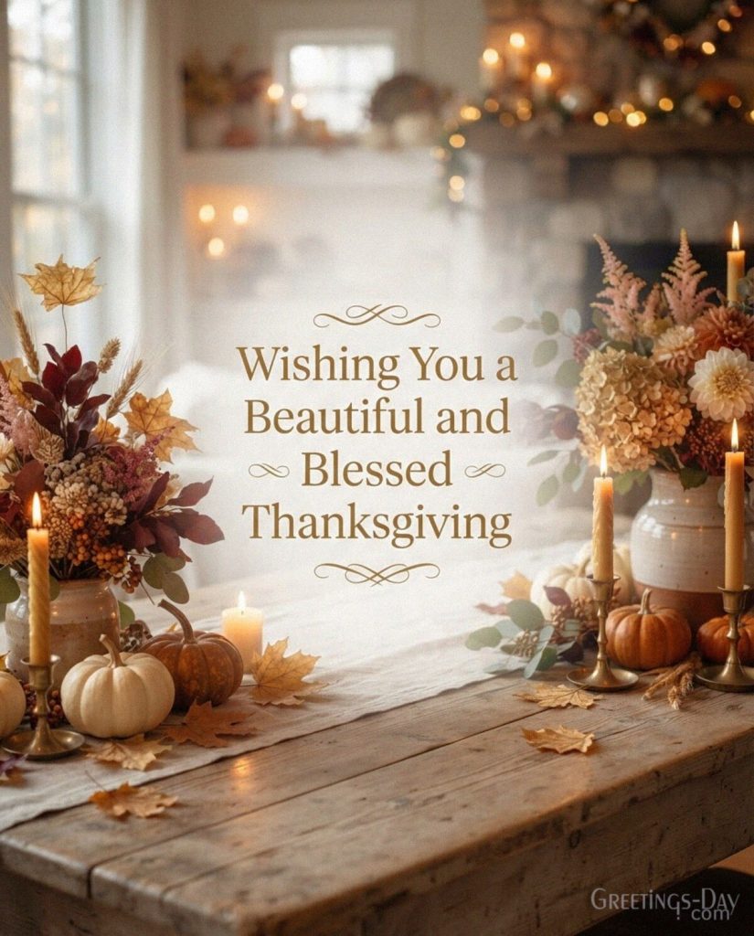 Heartfelt Thanksgiving blessing with warm autumn decor featuring “Wishing You a Beautiful and Blessed Thanksgiving” with the text
