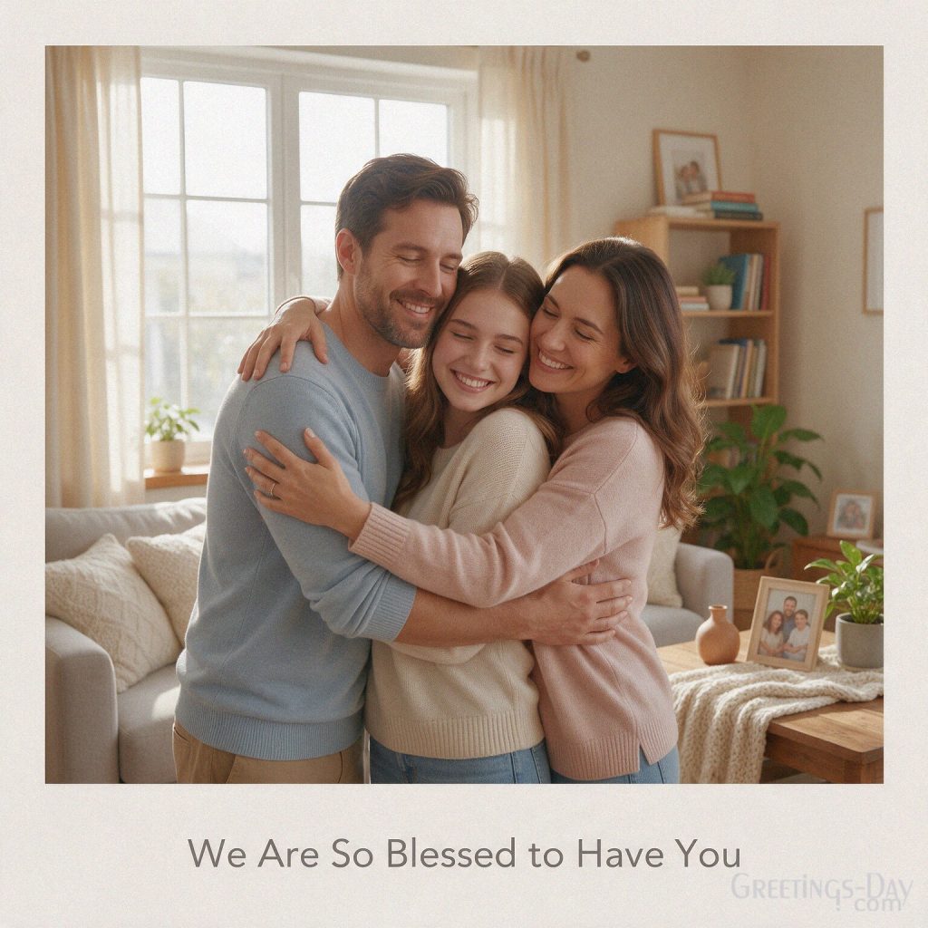 Loving parents’ card for National Daughters Day with a family embrace and “We Are So Blessed to Have You.” with the text 