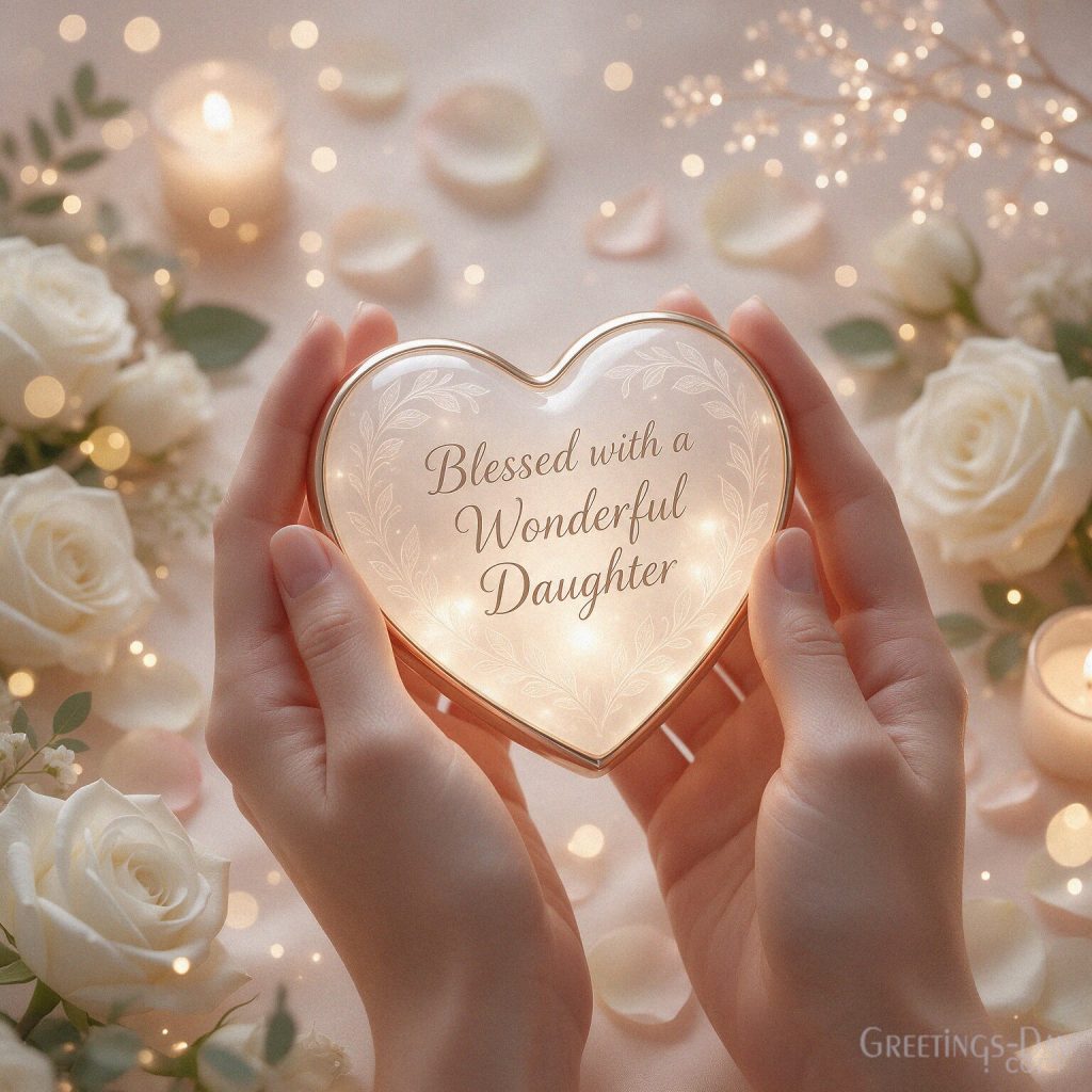 National Daughters Day blessing reading “Blessed with a Wonderful Daughter” with soft flowers and radiant golden light. with the text
