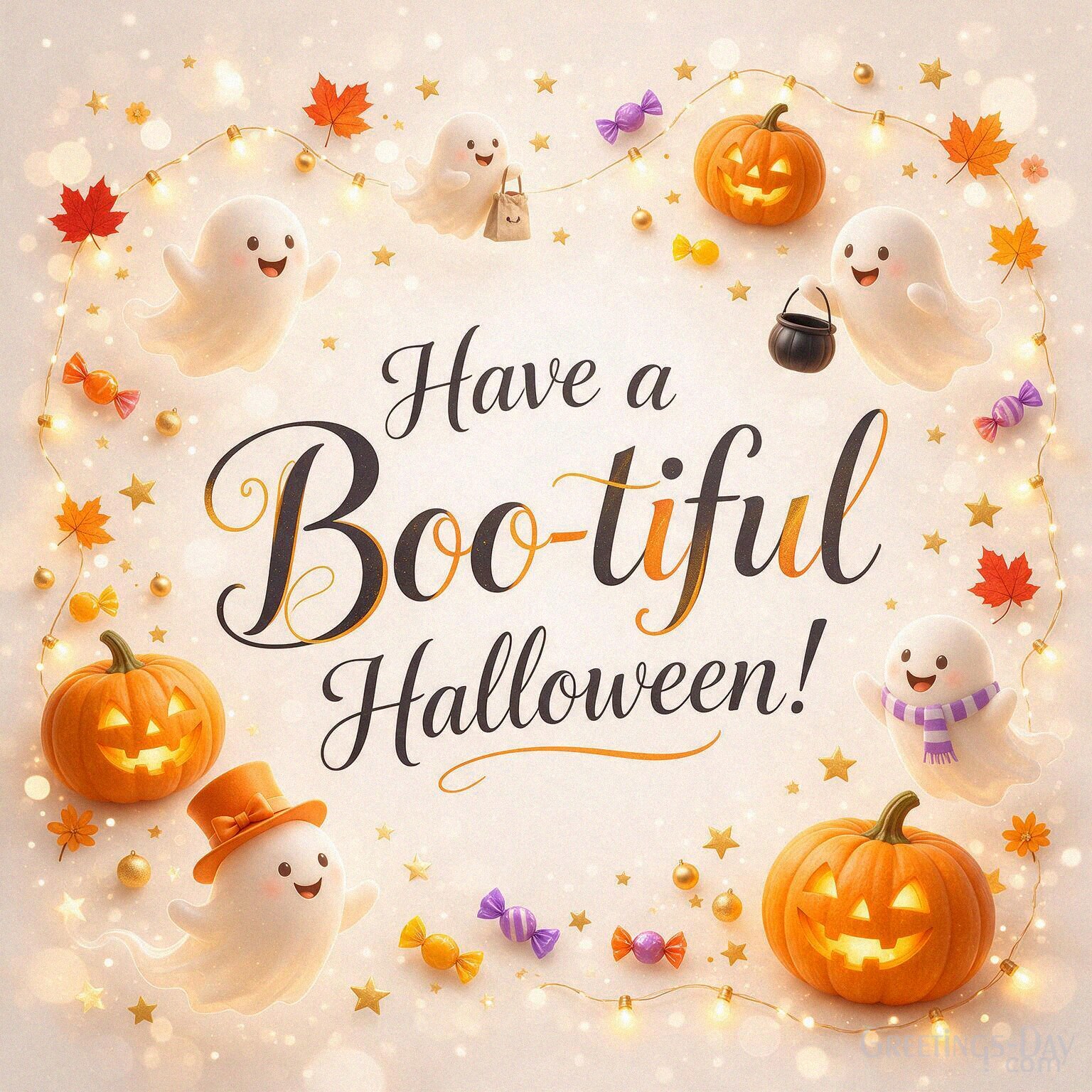 Have a Boo-tiful Halloween greeting with cute friendly ghosts