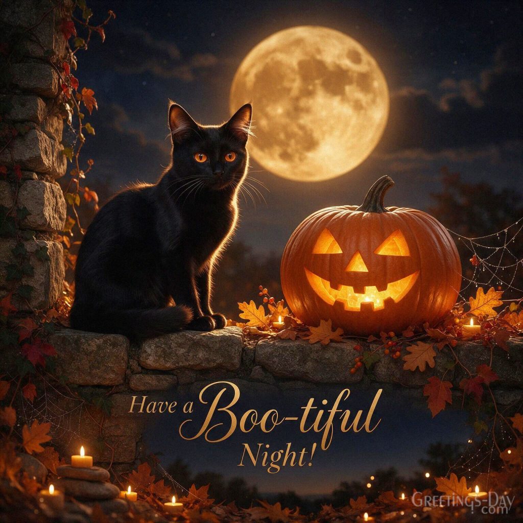 Have a Boo-tiful Halloween Night greeting with black cat