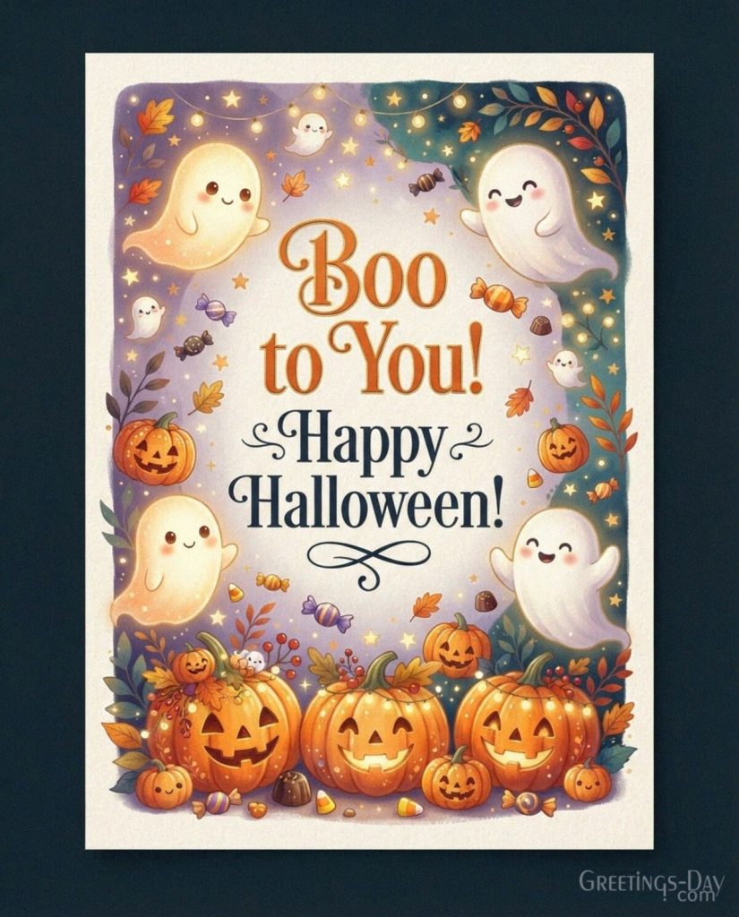 Boo to You Happy Halloween greeting featuring adorable ghosts