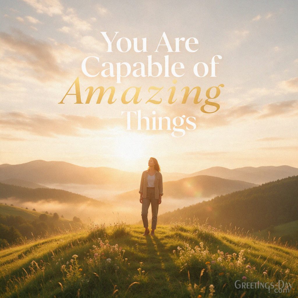 Encouraging daughter message reading “You Are Capable of Amazing Things” with a confident woman and uplifting sunrise scenery. with the text 