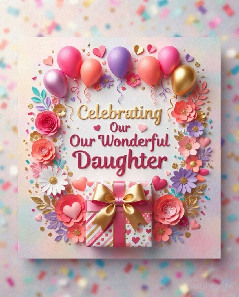 Festive daughter celebration card with balloons and gifts featuring “Celebrating Our Wonderful Daughter.” with the text
