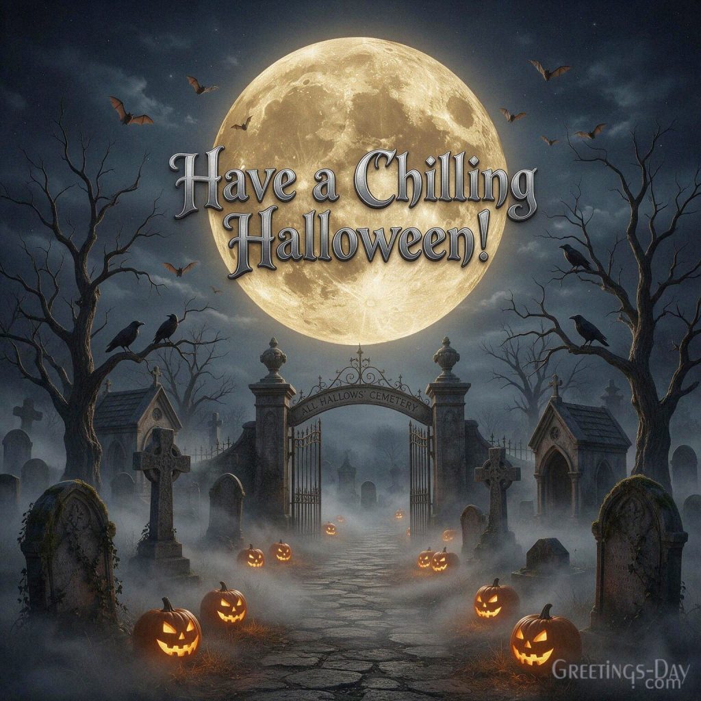 Have a Chilling Halloween greeting featuring a dark gothic cemetery