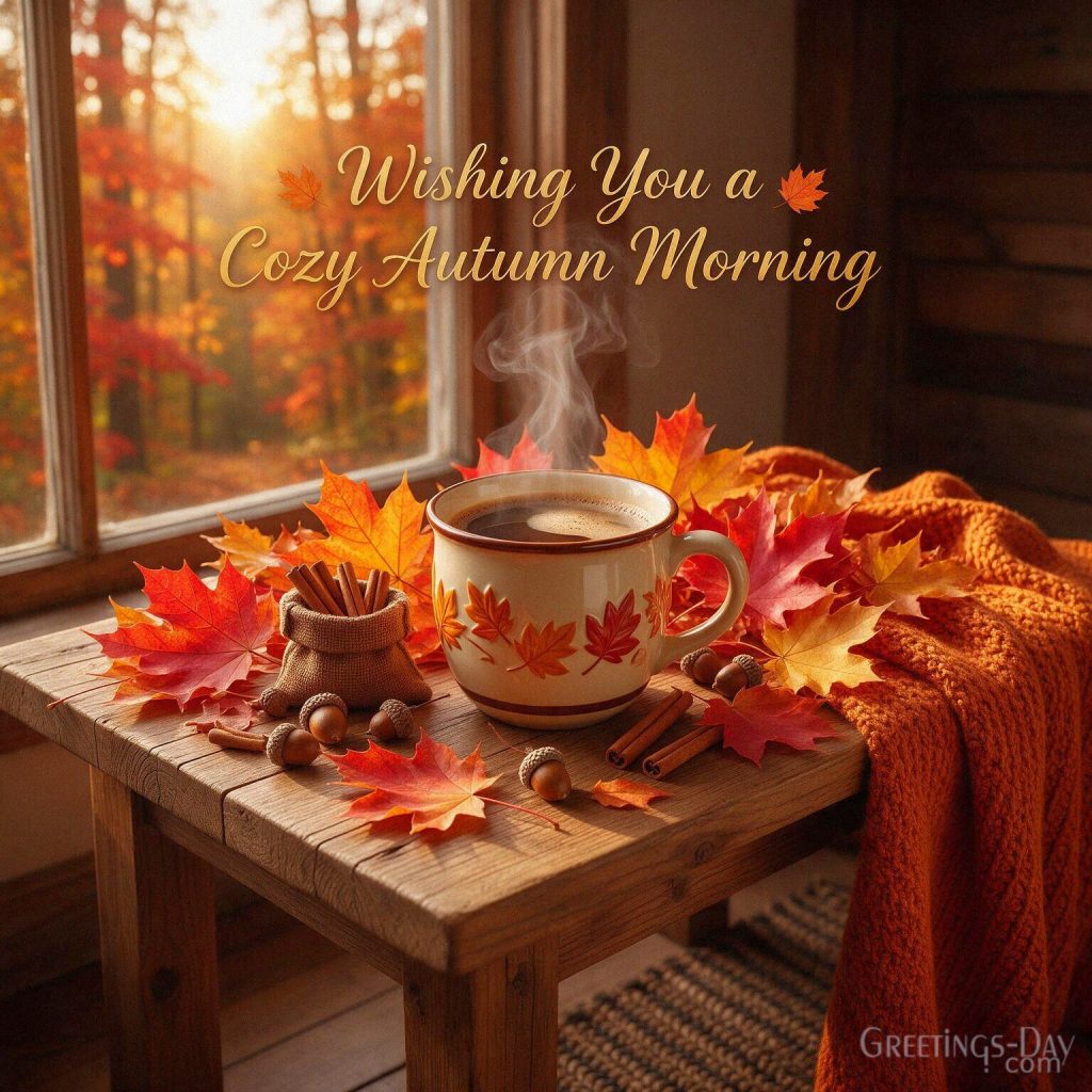 Cozy autumn Good Morning image with steaming coffee