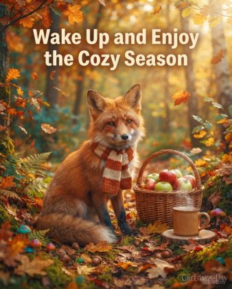 Cozy autumn morning image with pumpkins and fall porch decor featuring “Good Morning