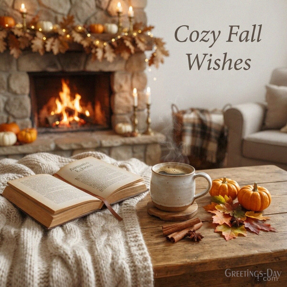Cozy Fall Wishes card with steaming coffee