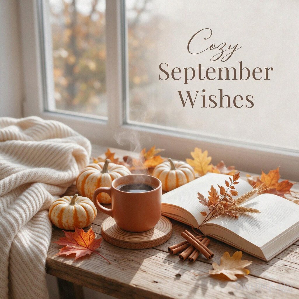 Cozy September Wishes image with a warm cup of coffee