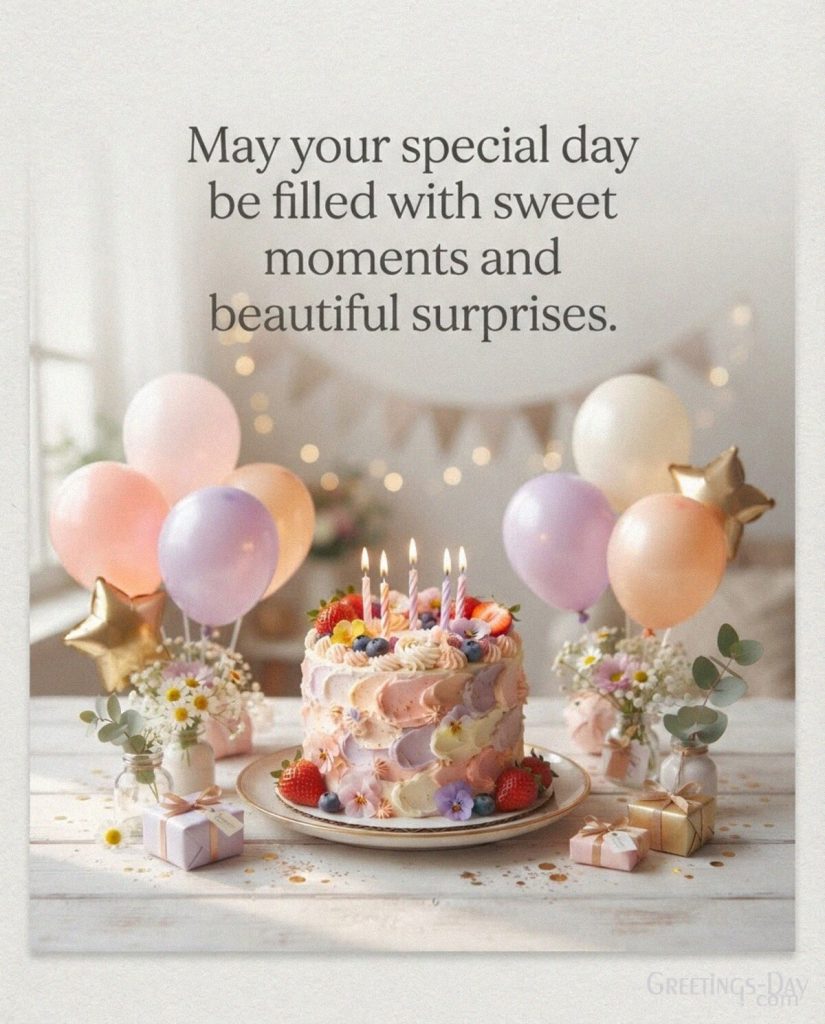 Cute Birthday Message image featuring “May your special day be filled with sweet moments and beautiful surprises.” with the text 