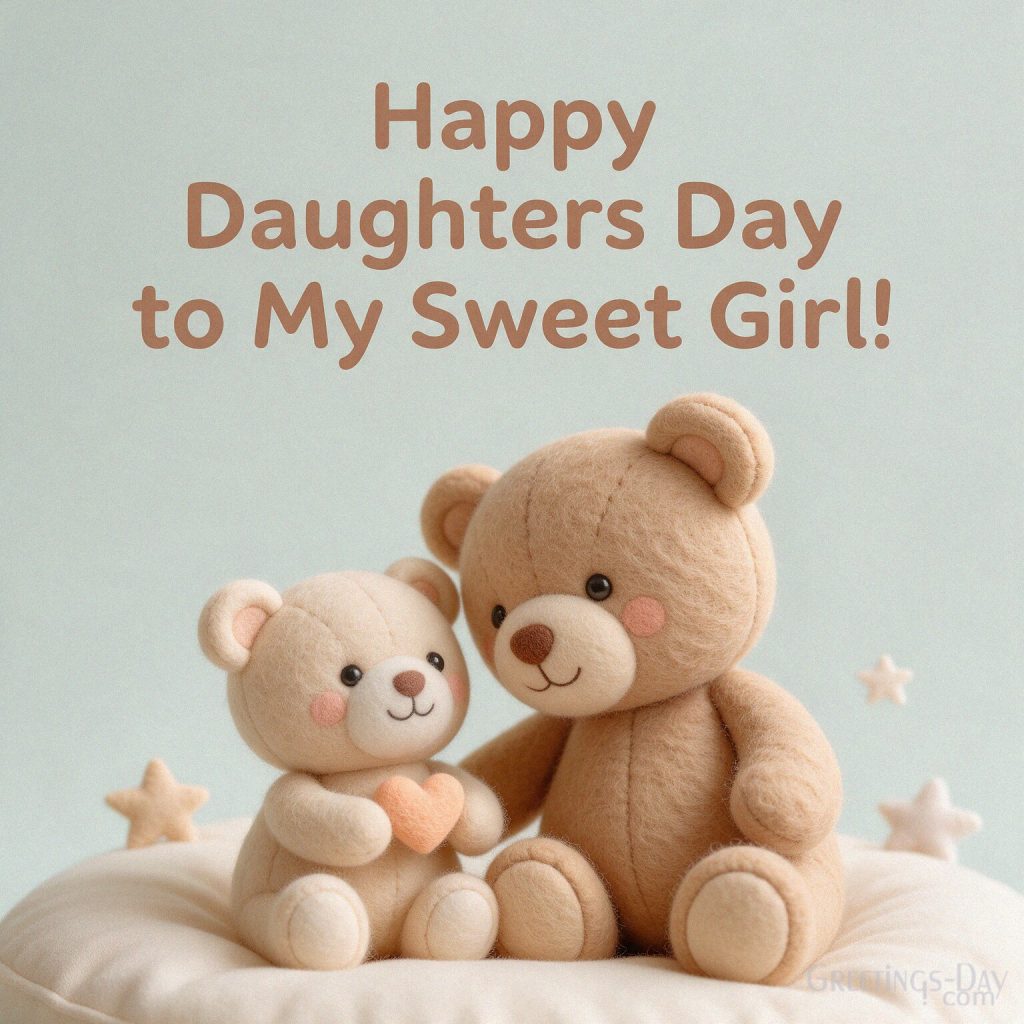 Cute Daughters Day image with two teddy bears and a peach heart reading “Happy Daughters Day to My Sweet Girl!” with the text