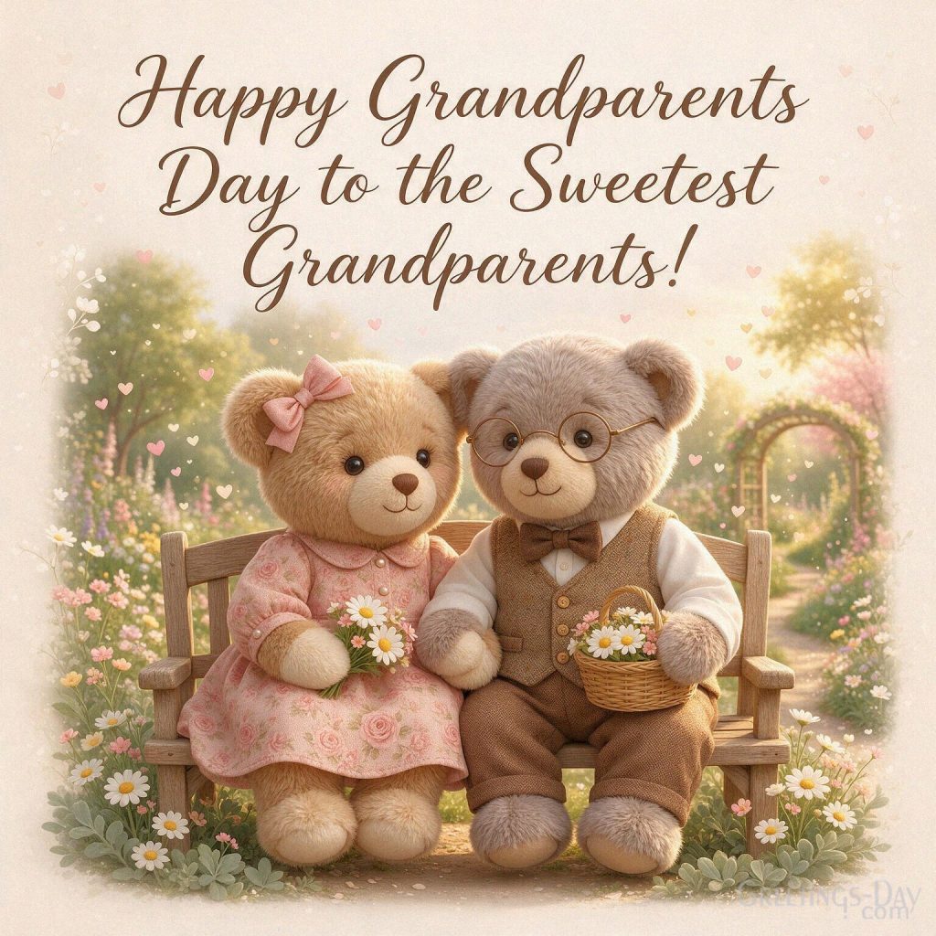 Cute Grandparents Day card for the sweetest grandparents with Grandma and Grandpa teddy bears sitting together with the text 