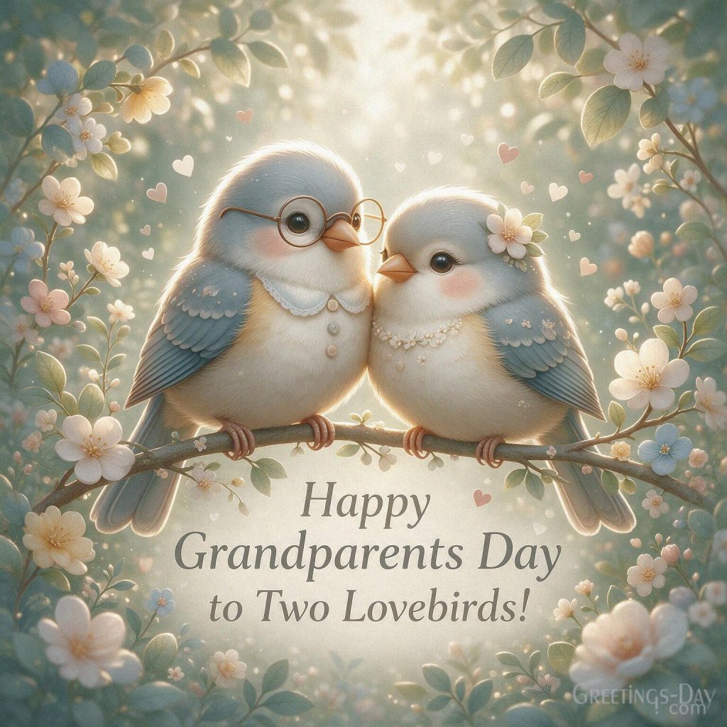 Cute Happy Grandparents Day image with two adorable lovebirds representing Grandma and Grandpa on a flowering branch with the text