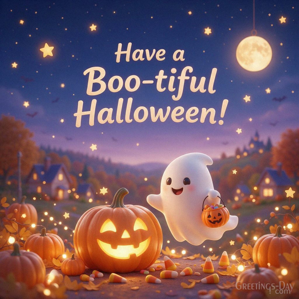 Cute Halloween image with an adorable friendly ghost