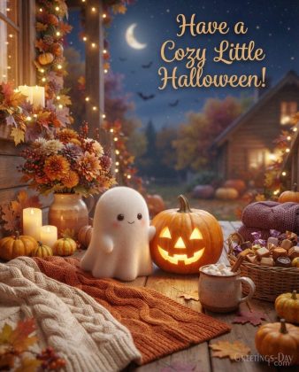 Cozy Halloween image with a tiny friendly ghost
