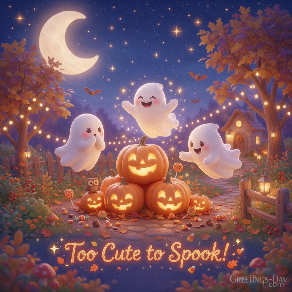 Spooky-cute Halloween image with three adorable little ghosts