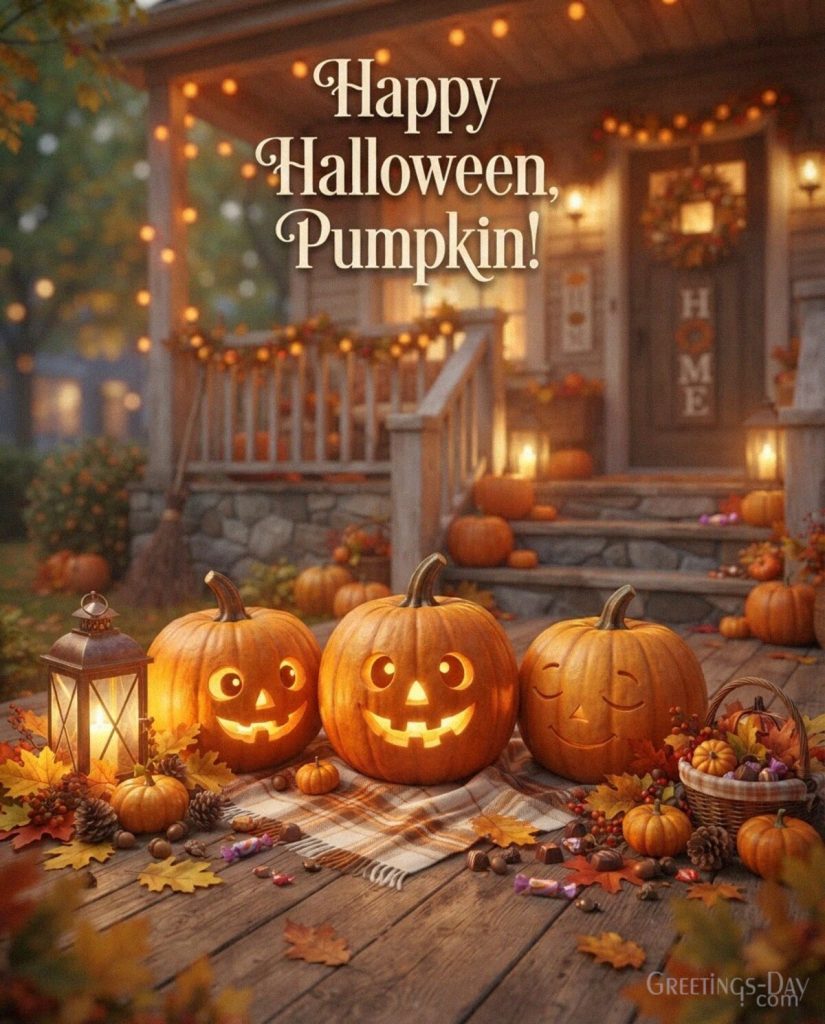 Cute pumpkin Halloween card with smiling jack-o’-lanterns