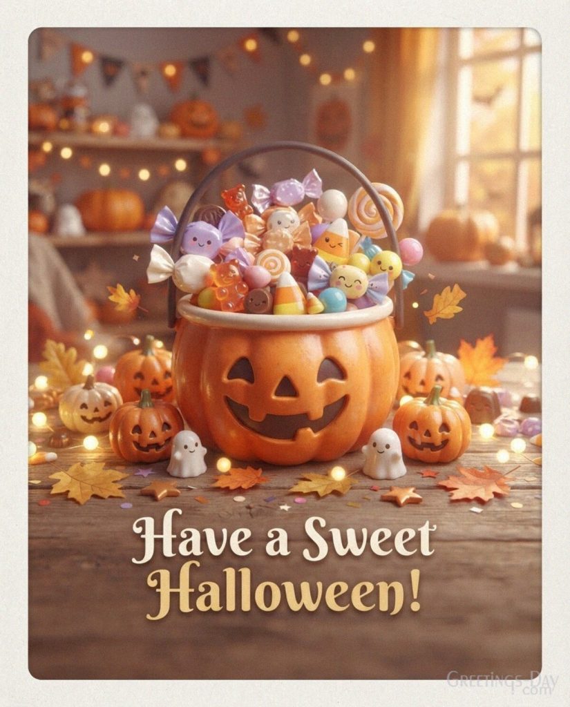 Sweet cute Halloween card with colorful candy