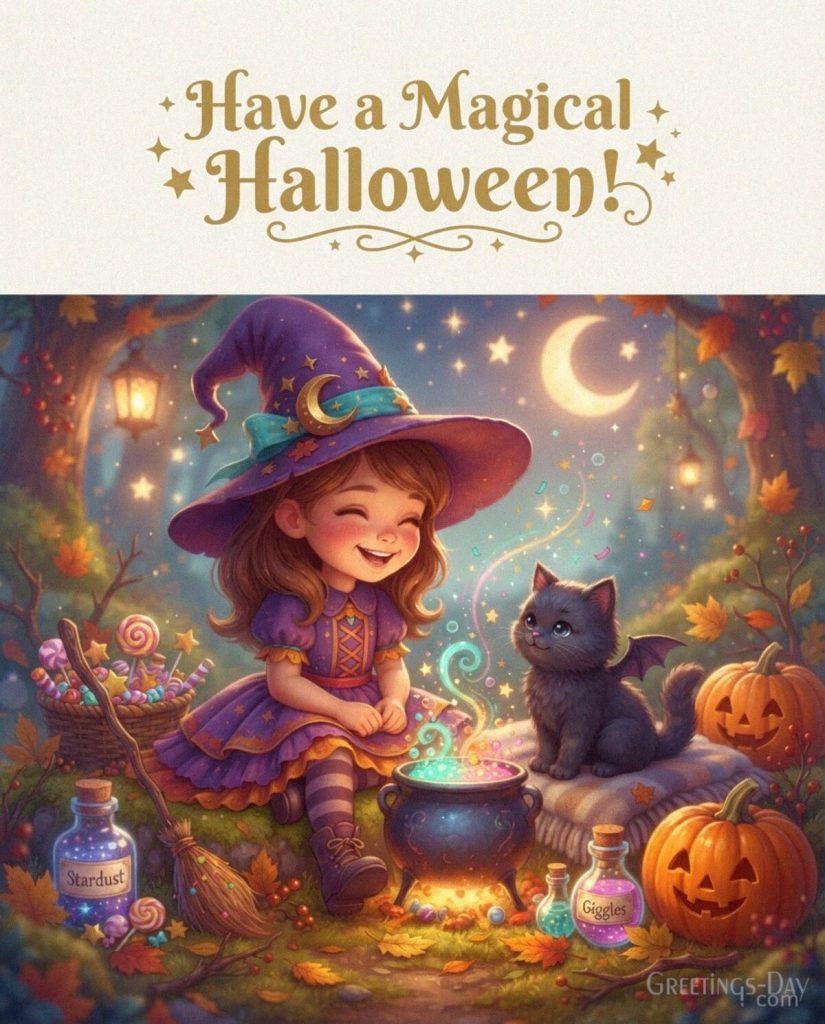 Cute magical Halloween image featuring a friendly little witch