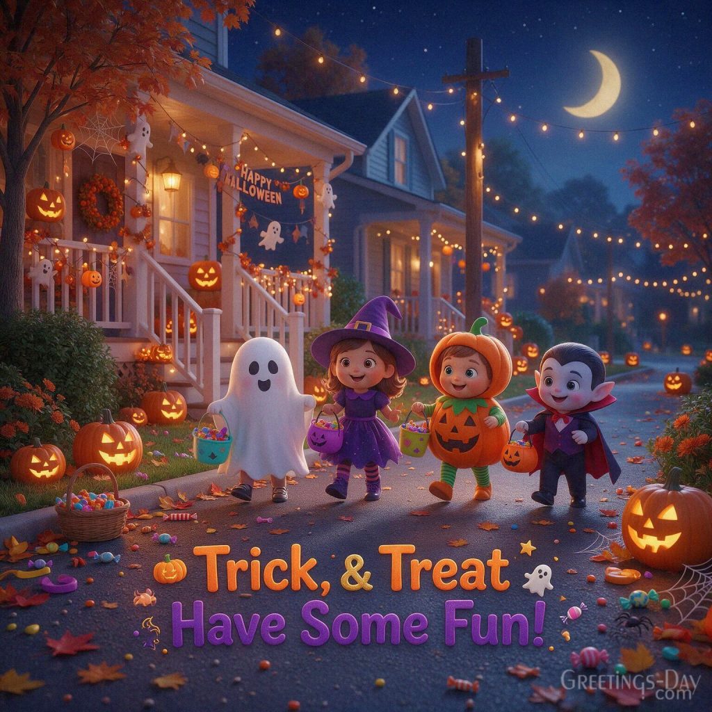 Cute Halloween card for kids with adorable trick-or-treaters in ghost