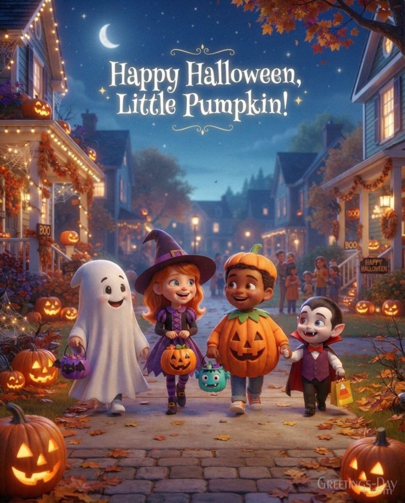 Cute Halloween image for kids with happy costumed children