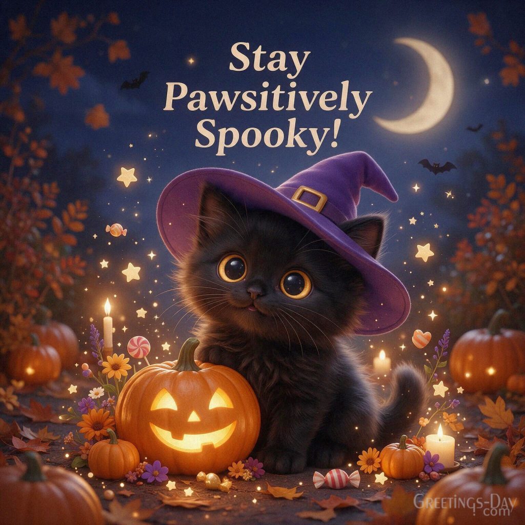 Spooky-cute Halloween card with a fluffy black cat