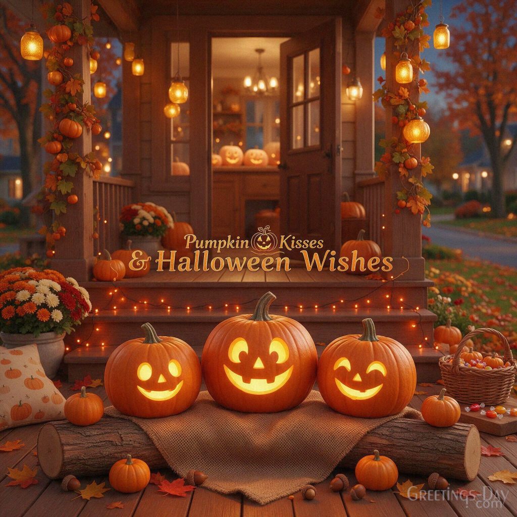 Cute pumpkin Halloween greeting card with smiling pumpkins