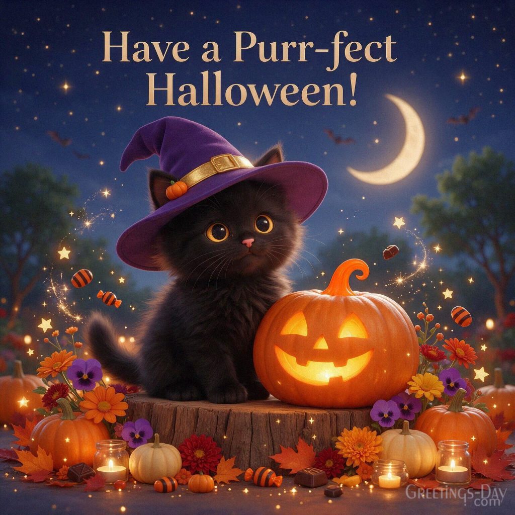 Cute black cat Halloween card with a fluffy kitten in a witch hat