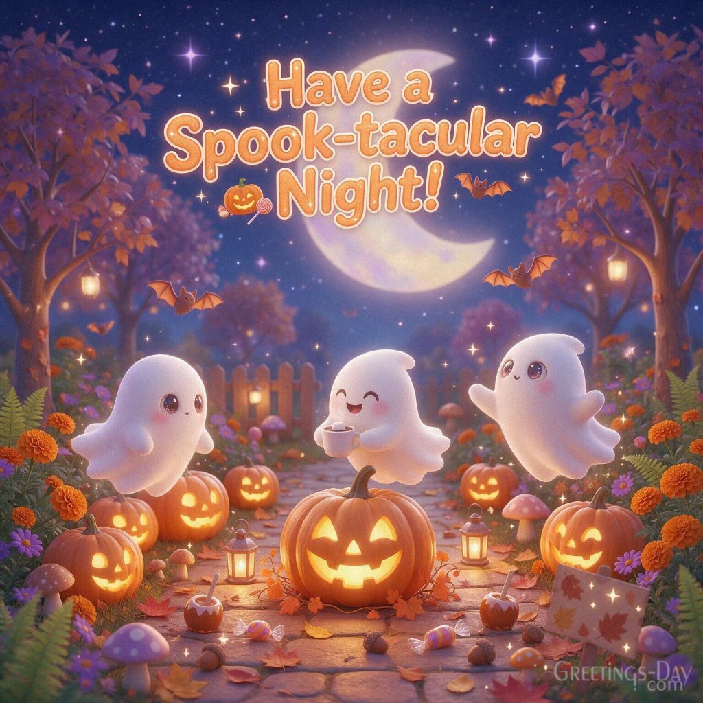 Cute Halloween night image with adorable friendly ghosts