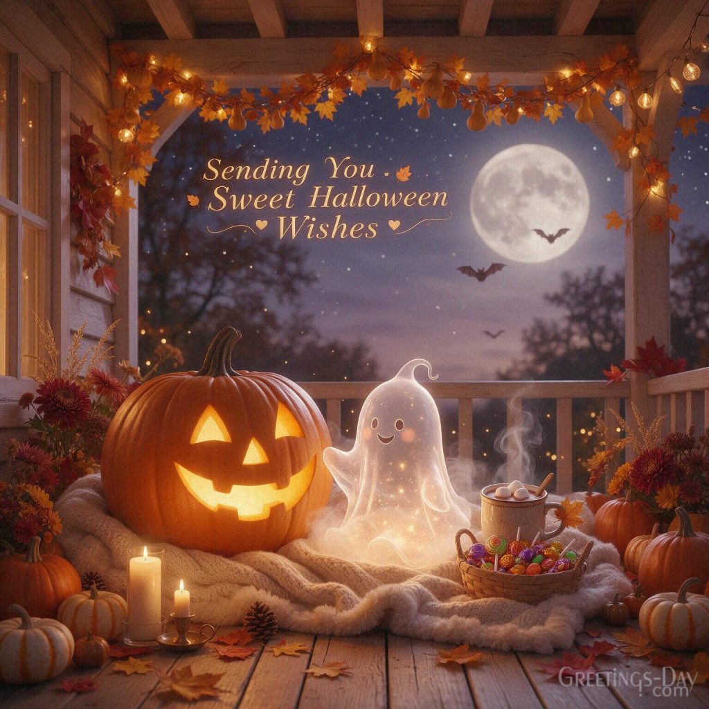 Cute Halloween wishes card with a sweet ghost